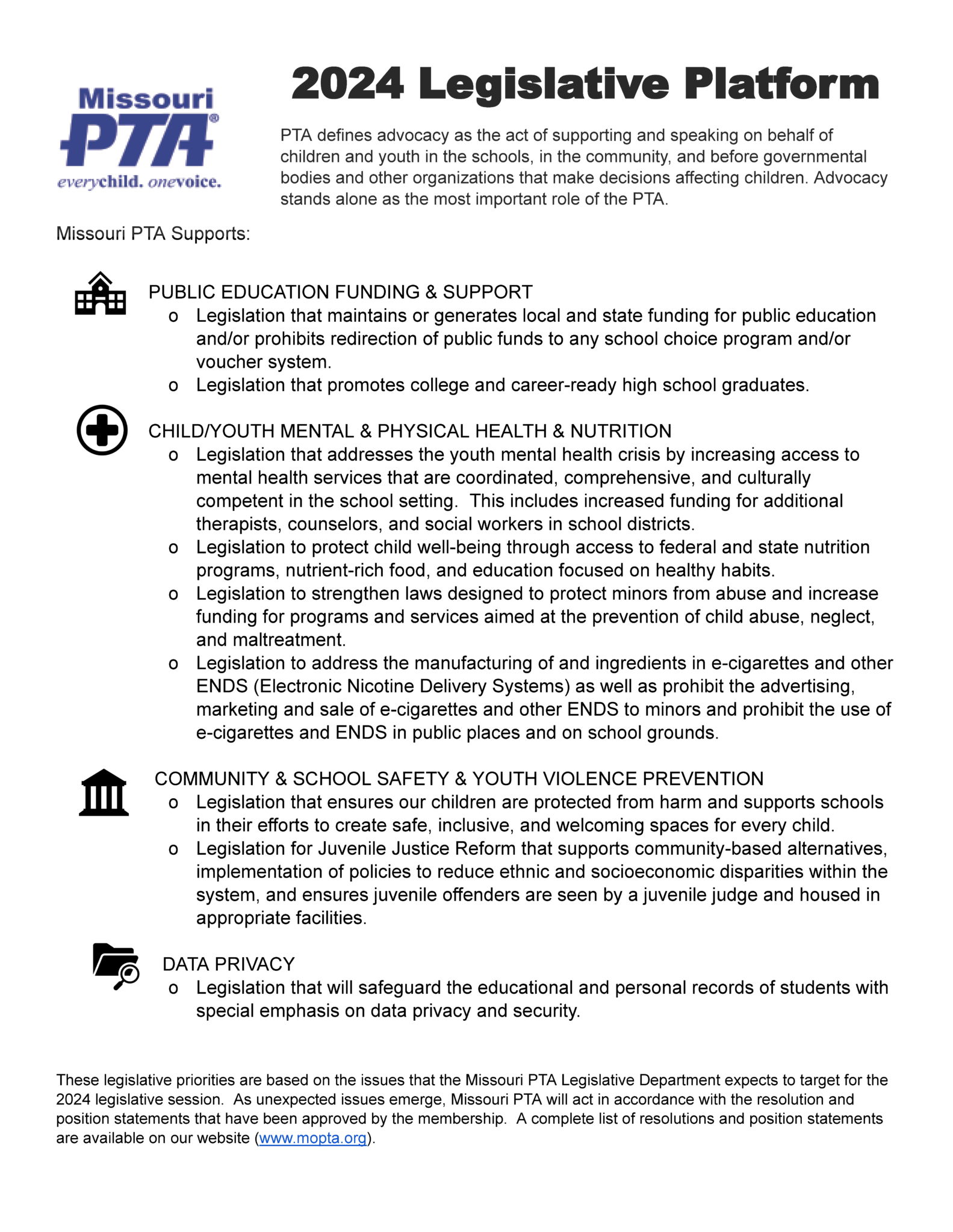 Missouri PTA Legislative Platform 2024 Missouri PTA